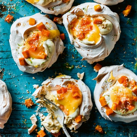 Thayet thee ohn thee mont – mango, lime and coconut meringues.
