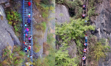 Old and new: Children climb up an 800-meter cliff on a steel ladder (now) and on a rattan ladder (before).