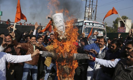 Members of India’s Rajput caste group in Jammu burn an effigy of film director Sanjay Leela Bhansali in protest at the release of Padmavati.