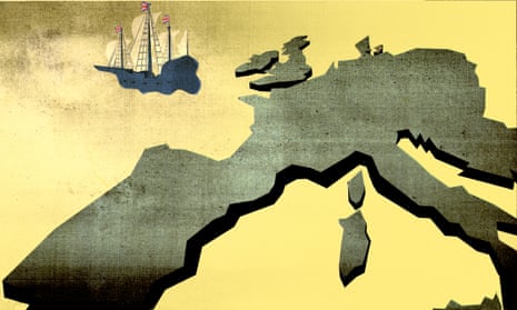 Illustration, of Brexit galleon fleeing Europe, by Ellie Foreman-Peck