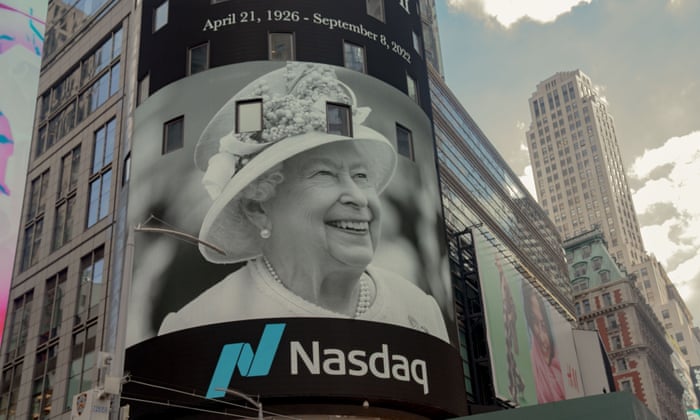 Queen Elizabeth mourns at the Nasdaq sign in Time Square.