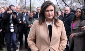 Sarah Sanders departs after speaking to reporters at the White House in Washington DC, on 2 April. 3500.jpg?width=300&quality=85&auto=forma