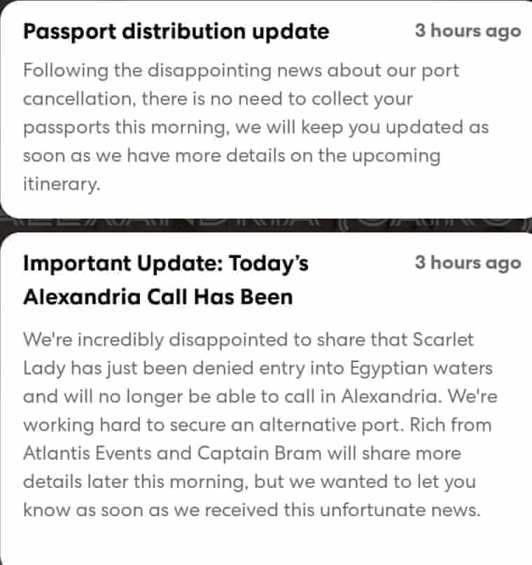Updates sent to the Scarlet Lady’s 2,000 passengers