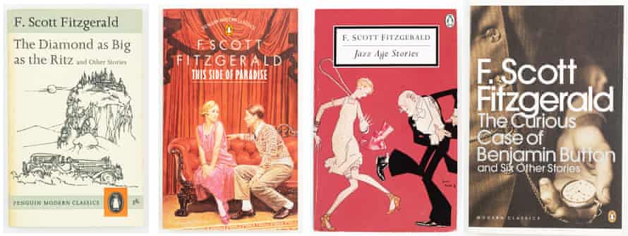 From left to right: Penguin Classics by F Scott Fitzgerald novels The Diamond as Big as the Ritz (1962 jacket design), This Side of Paradise (1986), Jazz Age Stories (1999) and The Curious Case of Benjamin Button (2008) .