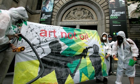 Campaigners dressed as a mock clean-up crew called the ‘Greenwash Guerrillas’ hold a banner outside the National Portrait Gallery in London, Tuesday, June 22, 2010, where the BP Portrait Award ceremony is held. Campaigners claim that the National Portrait Gallery’s sponsorship deal with BP helps the oil giant to ‘greenwash’ its tattered public image, and want the gallery to terminate BP’s contract. (AP Photo/Akira Suemori)