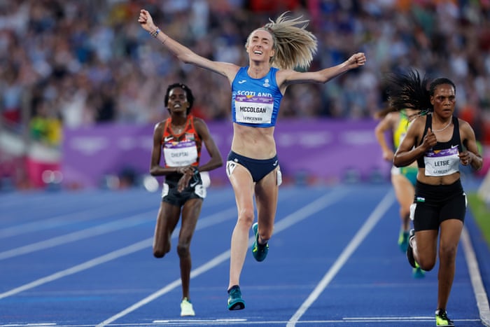 Joy for Scotland’s Eilish McColgan as she crosses the line to win the women’s 10,000m final in a Games record time.