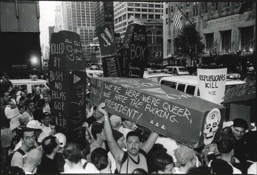 A demonstration at the Waldorf Astoria, in 1990. Assotto Saint carries the coffin.