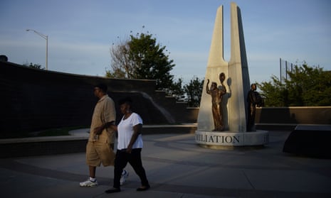 A sculpture recognizing the Tulsa race massacre at the John Hope Franklin Reconciliation Park. As many as 300 Black people are believed to have been killed.
