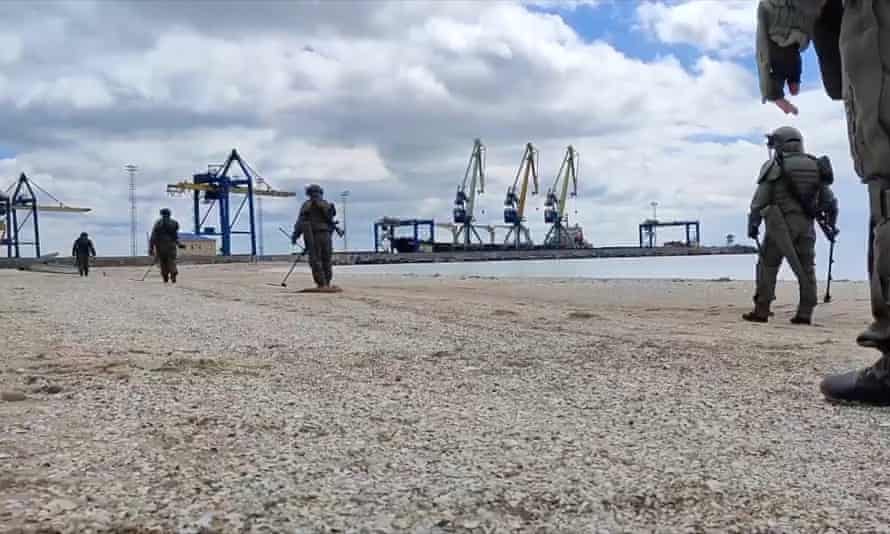 Russia army operation of clearing mines at the coast of the Sea of Azov near the port of Mariupol by Russian engineering units in this image released by Russia on May 24, 2022.