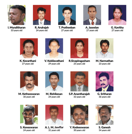 Pictures of 17 Sri Lankan aid workers who were shot dead in August 2006 at the offices of French charity Action Against Hunger in the eastern town of Muttur.