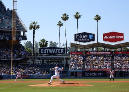 Bobby Miller of the LA Dodgers pitches against the New York Yankees during a June game at Dodger Stadium.