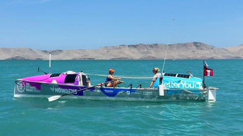 Jess Rowe and Miriam Payne, who are rowing in their nine-metre long boat across the Pacific Ocean from Peru to Australia