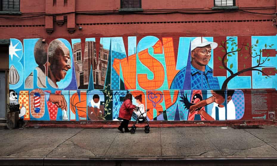A mural in the Brownsville section of Brooklyn reads ‘Brownsville moving forward’.