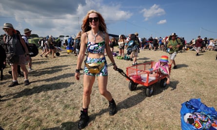 Glastonbury festival-goers arrive on the first day.