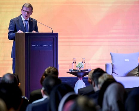 German federal foreign minister Johann Wadephul delivers a speech during a Foreign Policy Community of Indonesia (FPCI) event in Jakarta.