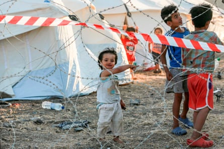 Children at a quarantine camp in the new temporary camp near Mytilene on the Greek island of Lesbos.