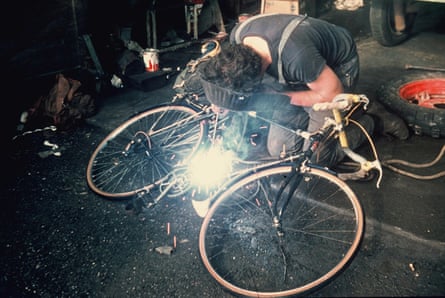 A man welds a crank near Sixt in the French Alps 1973