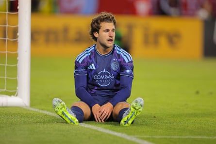 Ethan Bartlow sits connected nan section aft conceding a goal.