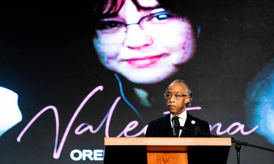 Reverend Al Sharpton delivers a speech on stage during the funeral of Valentina Orellana-Peralta.