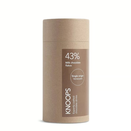 Knoops milk chocolate drinking chocolate flakes pot in cardboard brown
