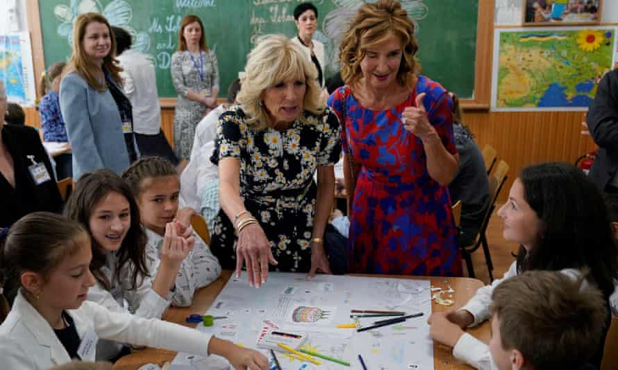 US first lady Jill Biden visited the Uruguay School in Bucharest, Romania, on Saturday where she met Ukrainian child refugees and teachers.