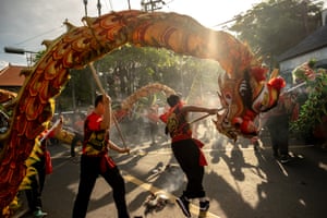 Bali’s Chinese community perform the dragon dance during Chinese New Year called Ngelawang ceremony