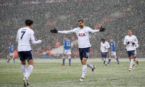 Fernando Llorente (right) celebrates his hat-trick with Son Heung-min against Rochdale.
