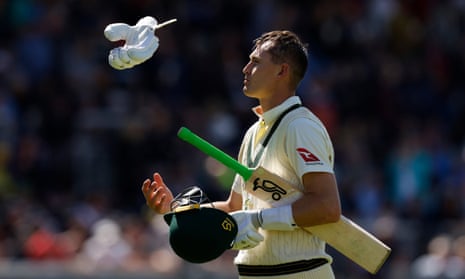 Marnus Labuschagne tosses his glove in the air as he trudges back to the pavilion.
