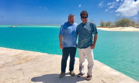 Russian businessman Anton Bakov (left) and Kiribatian MP Emil Schutz in Kiribati.