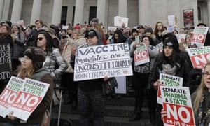 A rally in opposition to a proposed bill that would remove parents’ ability to claim a personal or philosophical exemption to vaccinating their children for measles.