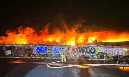 This photo provided by the California Department of Transportation shows the fire along Interstate 10 on November 11.