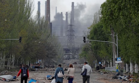 Smoke rises above the Azovstal steel plant in Mariupol