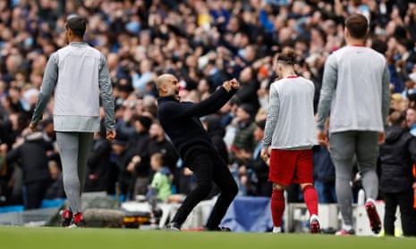 Manchester City manager Pep Guardiola celebrates their equaliser scored by Julian Alvarez.