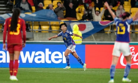 Japan's Riko Ueki celebrates after scoring her side's second goal against Spain.
