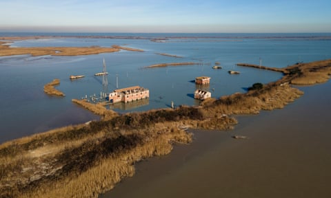 Sunken buildings on Batteria, an island in the Po delta, seen from the air