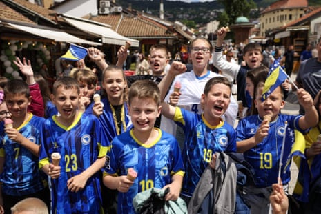 Children in football shirt in the old part of Sarajevo today.