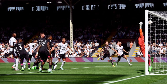 Joao Palhinha’s header flies past David Raya.