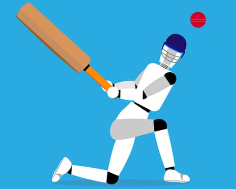 Illustration of a robot batter swinging a cricket bat at an approaching ball, representing AI in cricket