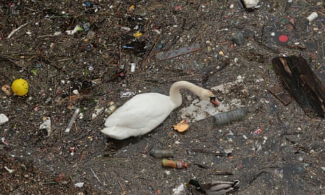 Waste and pollution in the Thames at Limehouse, London, 2018