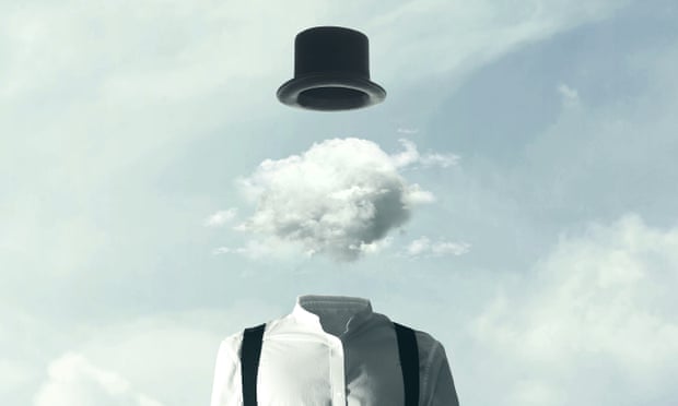 surreal man heads in the clouds