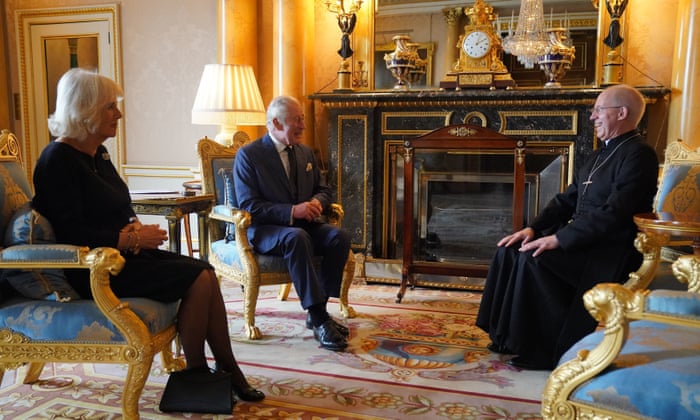King Charles III and Camilla, the Queen Consort during an audience with the Archbishop of Canterbury, the Most Reverend Justin Welby in the 1844 Room, at Buckingham Palace.
