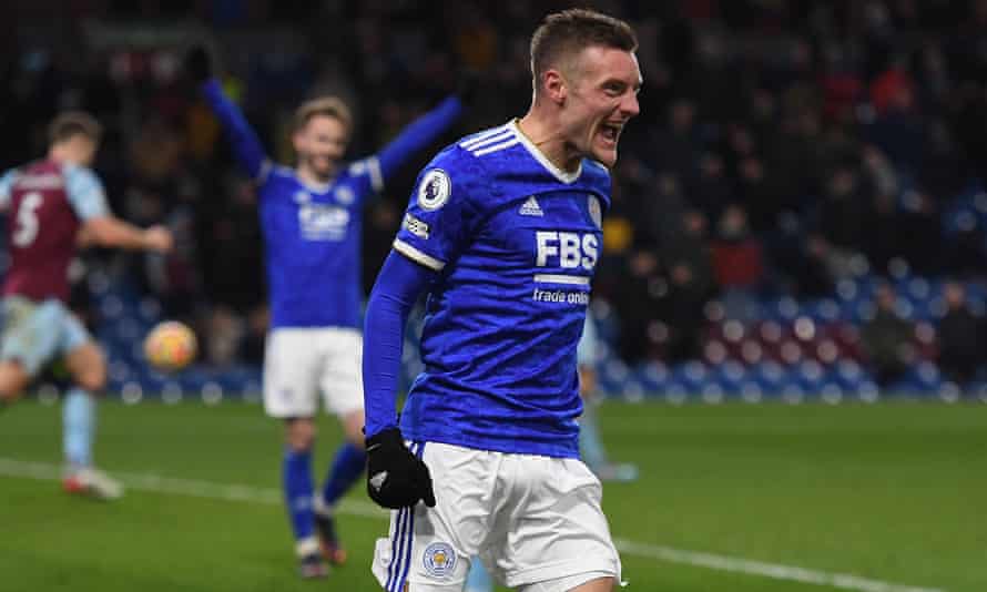 Jamie Vardy celebrates scoring Leicester’s second against Burnley.