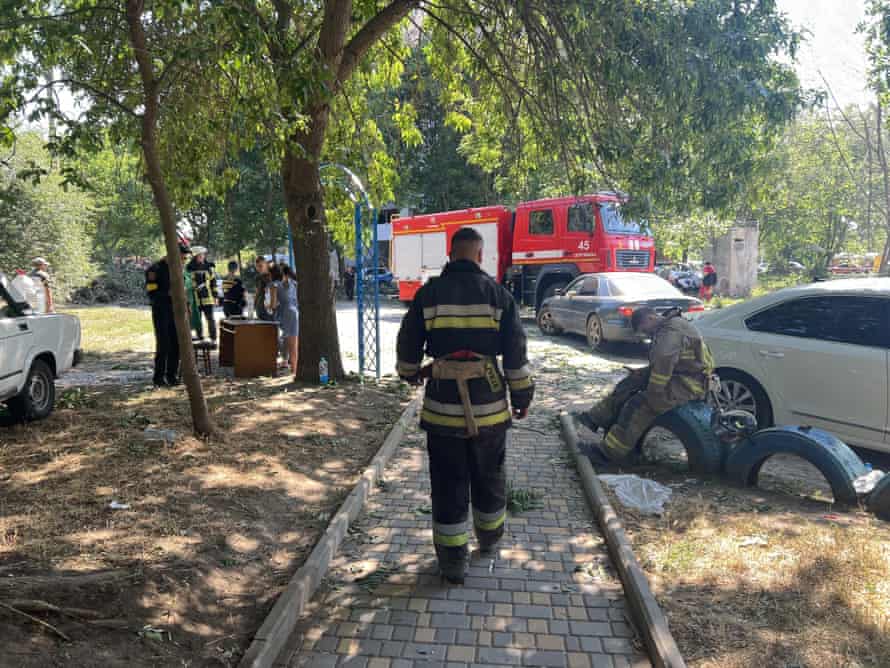 Russia-Ukraine war: two children among 18 dead after missile strike on Odesa; Zelenskiy hails ‘significant’ Snake Island victory – live 4 Fire fighters are deployed after the Russian missile attack in Odesa.