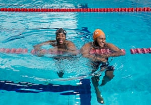 Peigh Asante (on left) and Nathaniel Cole of Swim Dem Crew at London Aquatics Centre in Queen Elizabeth Olympic Park