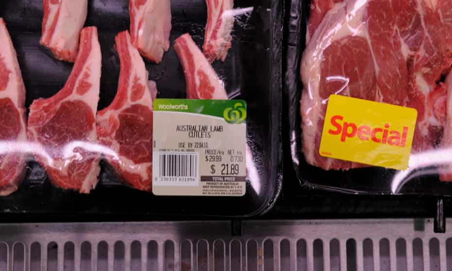 Australian lamb in the meat section at a Woolworths grocery store