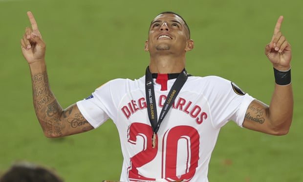 Diego Carlos celebrates Sevilla’s Europa League final victory over Internazionale in August
