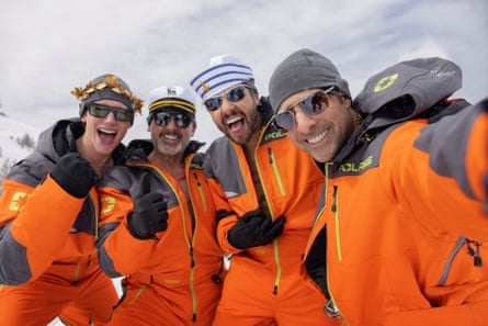 Cory Michael Smith, Steve Carell, Ramy Youssef and Jason Schwartzman in mountain gear in Mountainhead.