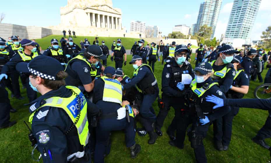 Police outside of the Shrine of Remembrance in Melbourne on Saturday