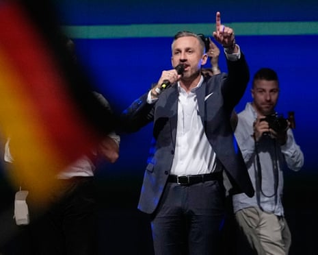 Top candidate Ulrich Siegmund speaks at an election party of the “Alternative for Germany” (AfD) after winning the Saxony-Anhalt state elections in Magdeburg, eastern Germany.