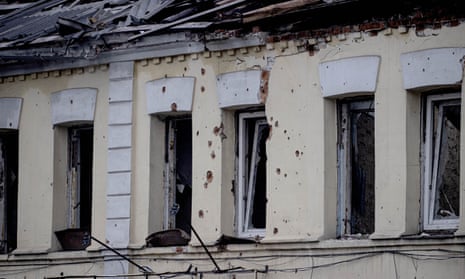 A building damaged after missile and artillery strikes by Russian forces in Kupiansk, Kharkiv Oblast, Ukraine.
